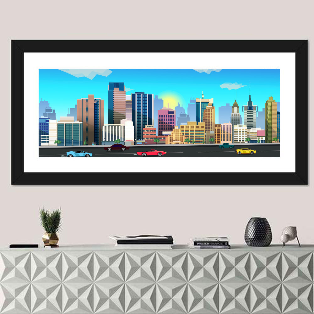 Geometric City Skyline with Sun Flare Wall Art in a room, panoramic