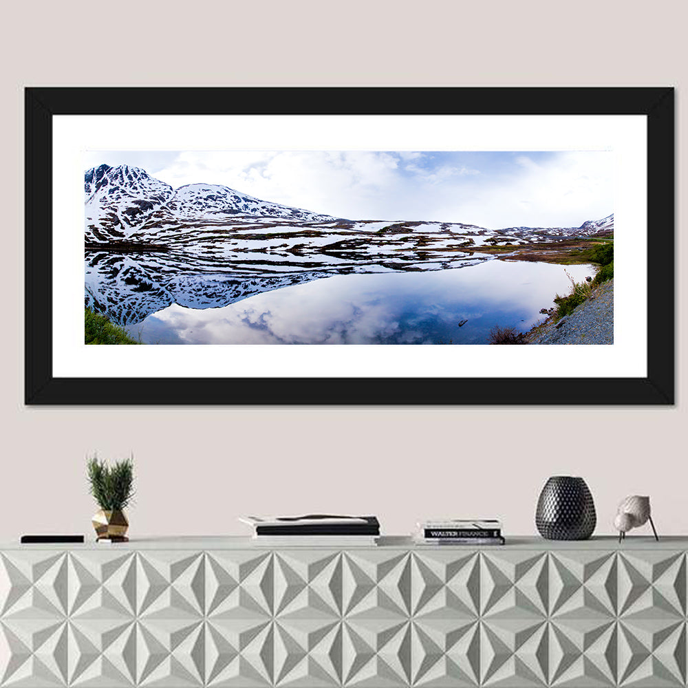Alaskan Glacial Lake Wall Art in a room, panoramic