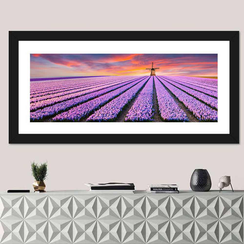 Hyacinth Field at Sunset Wall Art in a room, panoramic