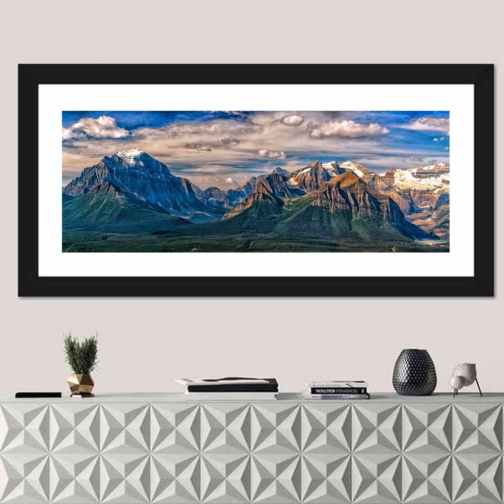 Canadian Rockies Snow-capped Peaks Wall Art in a room, panoramic