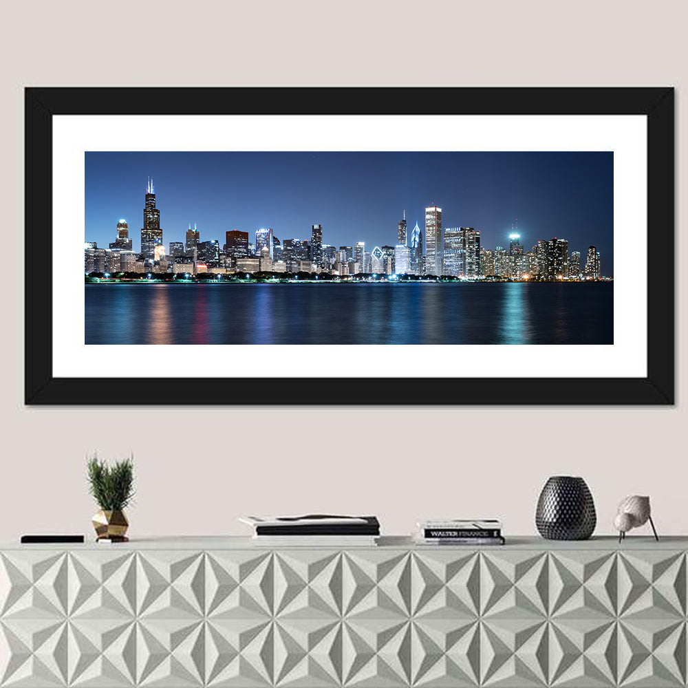 Chicago Night Skyline Wall Art in a room, panoramic