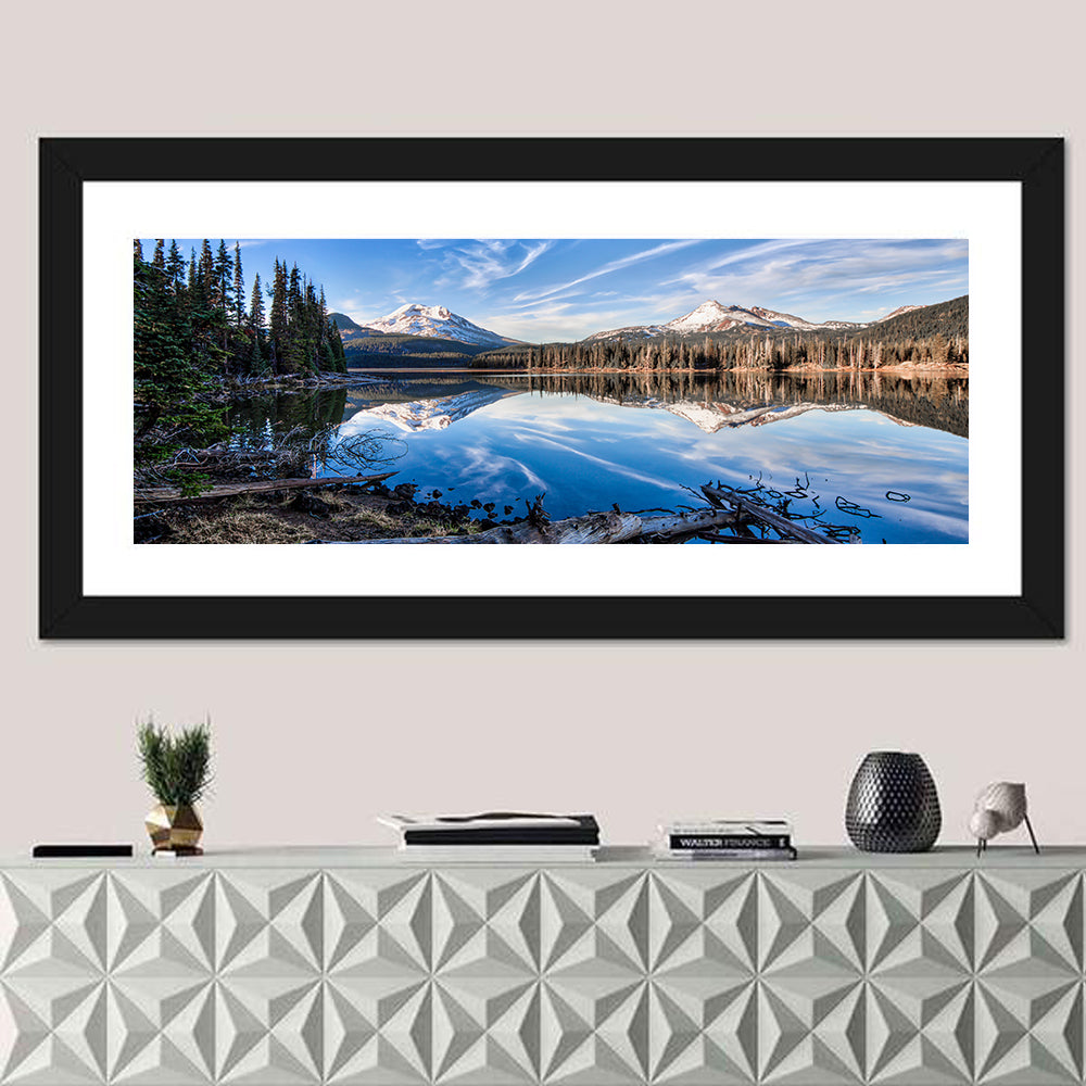 Sparks Lake Reflection Wall Art in a room, panoramic