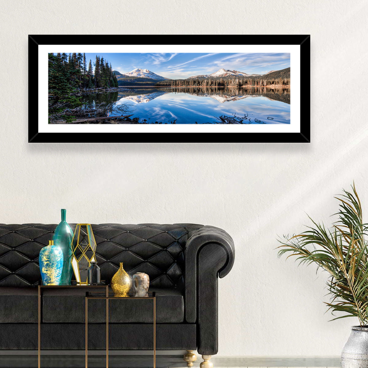 Sparks Lake Reflection Wall Art in a room, panoramic
