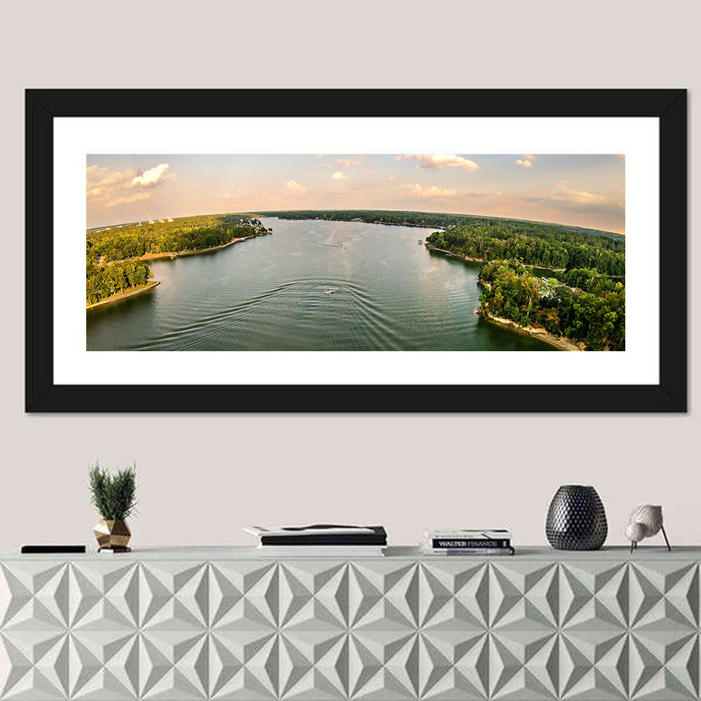 Lake Wylie Golden Hour Wall Art in a room, panoramic