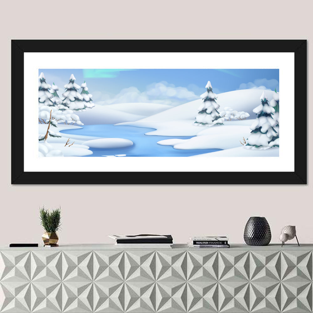 Christmas Pines Winter Landscape Wall Art in a room, panoramic