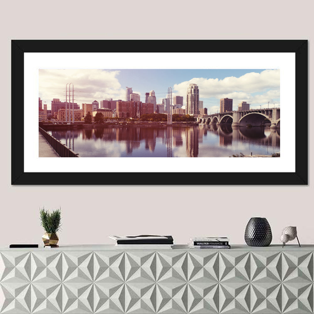 Minneapolis Skyline at Third Avenue Bridge Wall Art in a room, panoramic