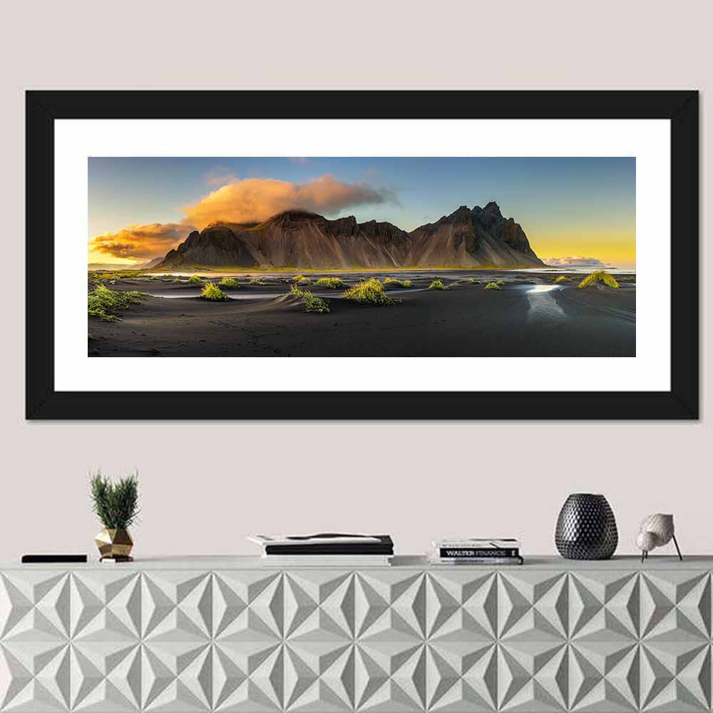 Vestrahorn Black Sand Sunrise Wall Art in a room, panoramic