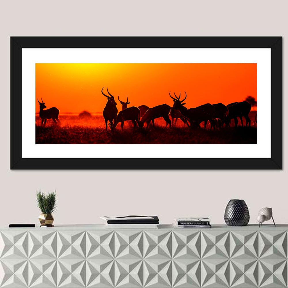 Antelope Herd at Sunset Wall Art in a room, panoramic
