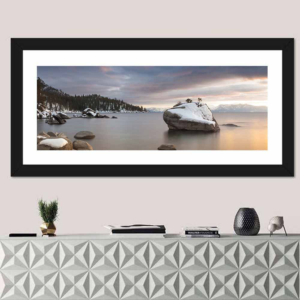 Bonsai Rock Winter Sunset Wall Art in a room, panoramic