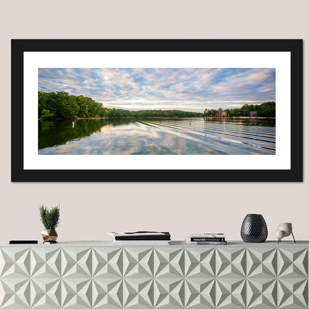 Cloudy Lake Norman Landscape Wall Art in a room, panoramic