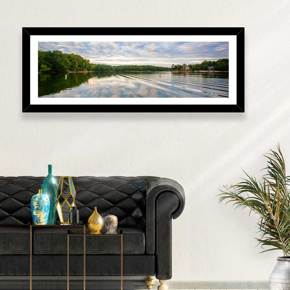 Cloudy Lake Norman Landscape Wall Art in a room, panoramic