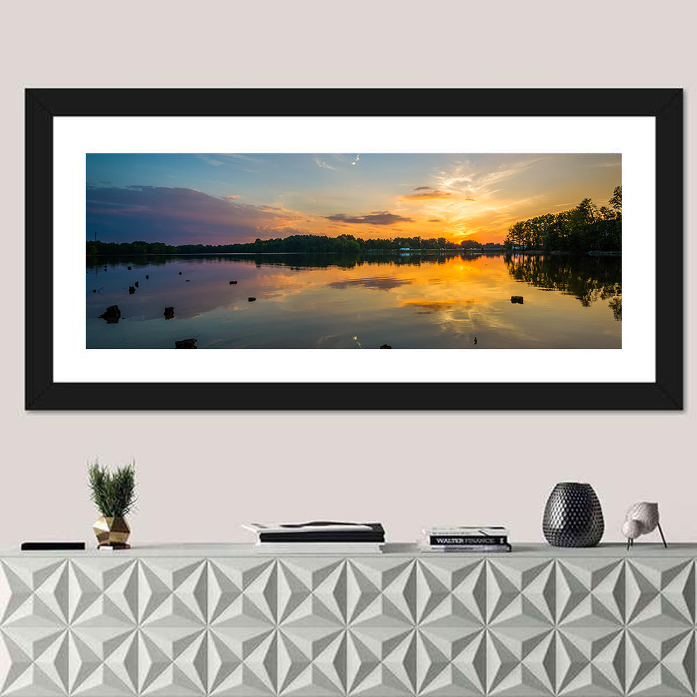 Lake Norman Sunset Reflection Wall Art in a room, panoramic