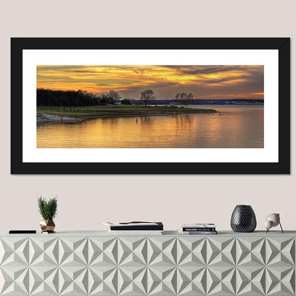 Lake Whitney Sunset Wall Art in a room, panoramic