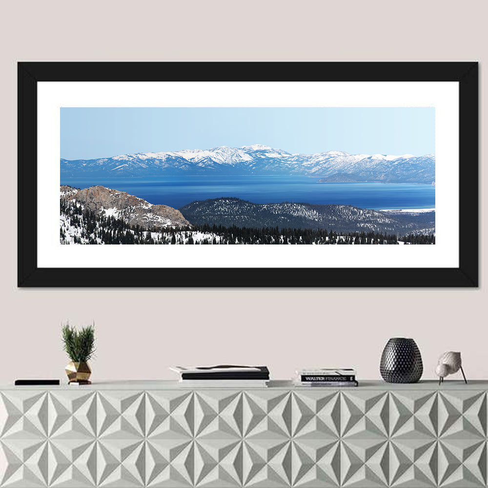 Lake Tahoe Snowy Peaks Wall Art in a room, panoramic