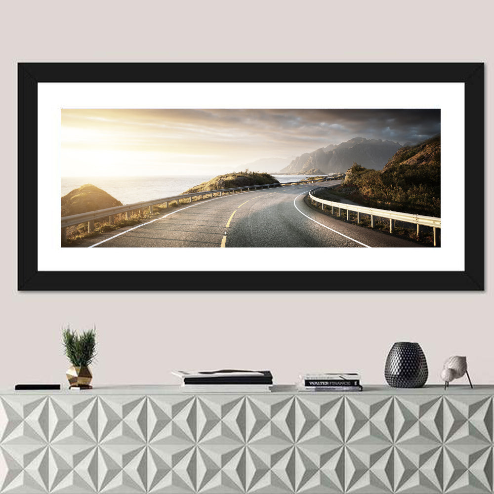 Golden Sunrise Coastal Road Wall Art in a room, panoramic