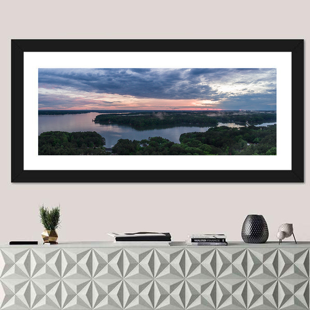 Lake Gaston Mist at Dusk Wall Art in a room, panoramic
