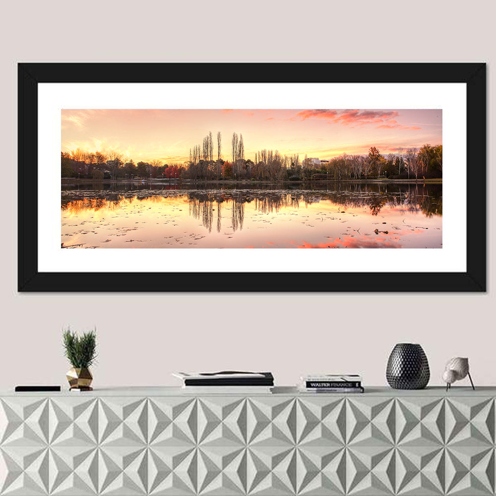Lake Burley Griffin Sunset Reflection Wall Art in a room, panoramic