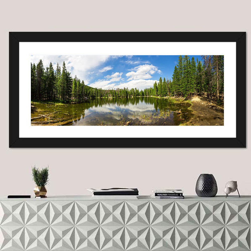 Estes Park Pine Lake Reflection Wall Art in a room, panoramic