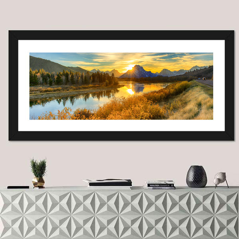 Oxbow Bend Sunrise Wall Art in a room, panoramic