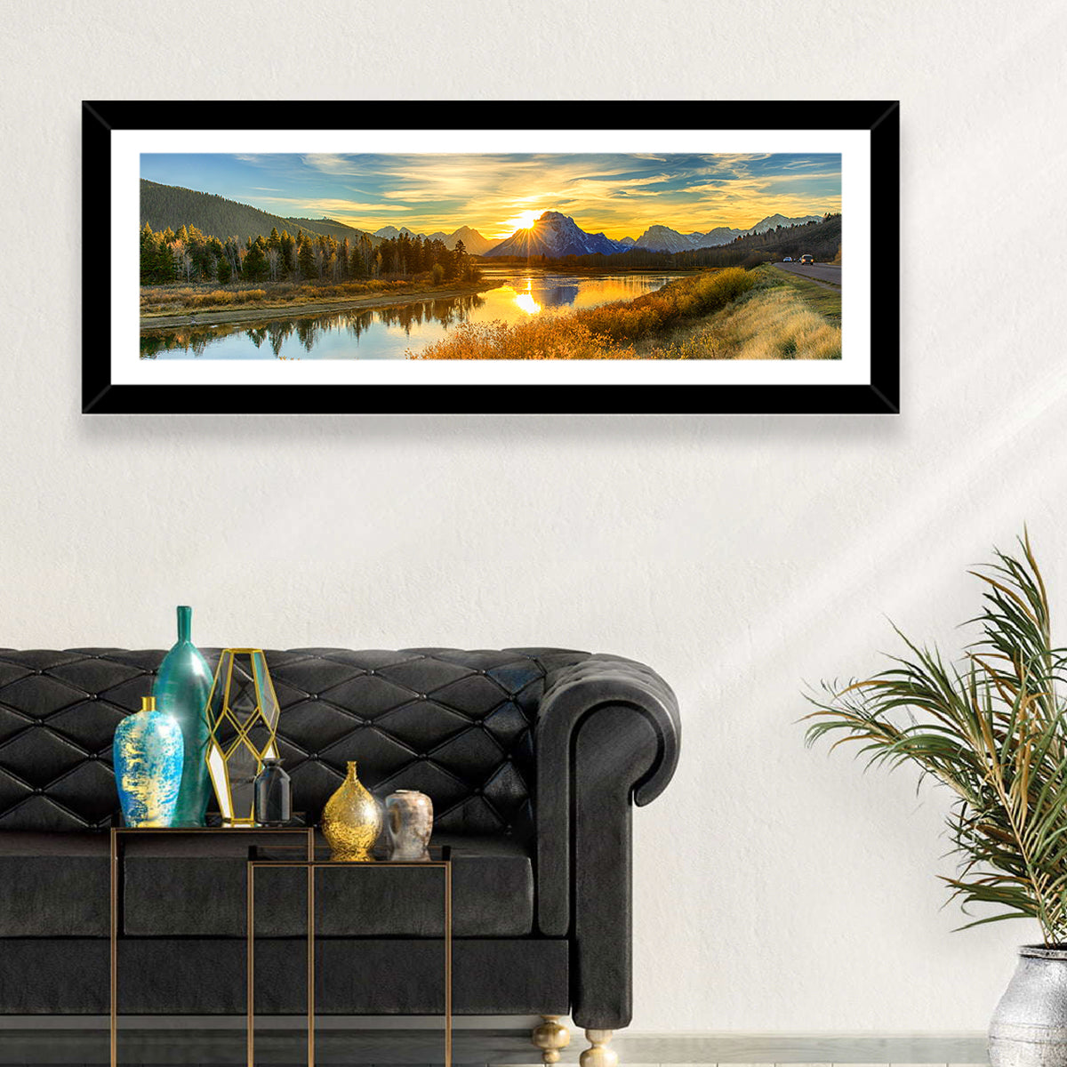 Oxbow Bend Sunrise Wall Art in a room, panoramic