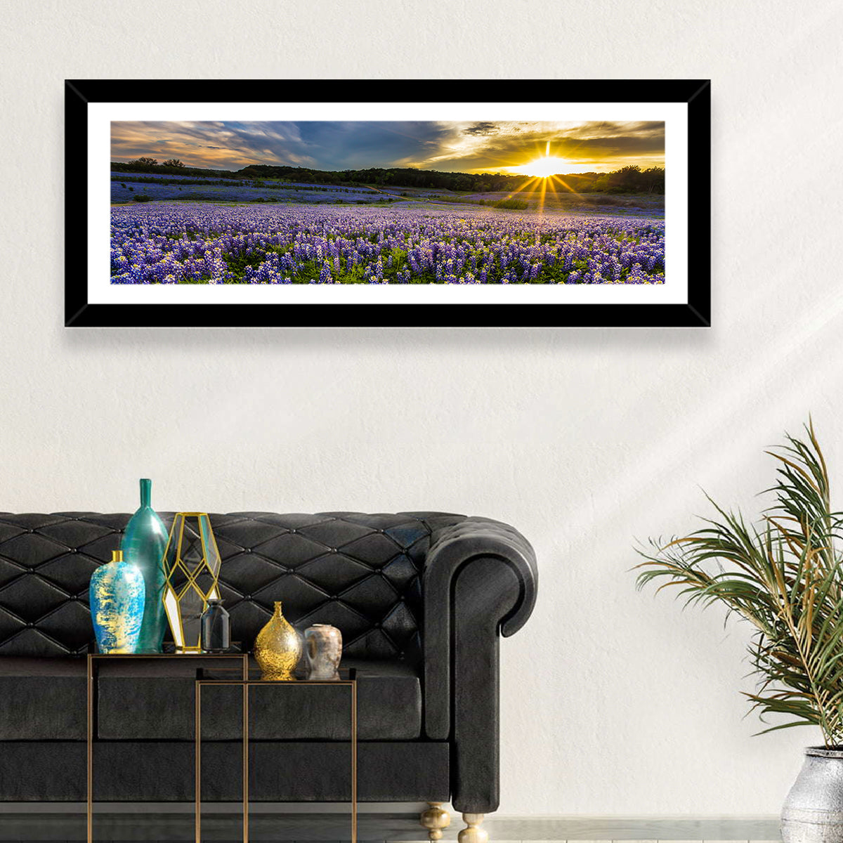 Texas Bluebonnet Field at Sunset Wall Art in a room, panoramic