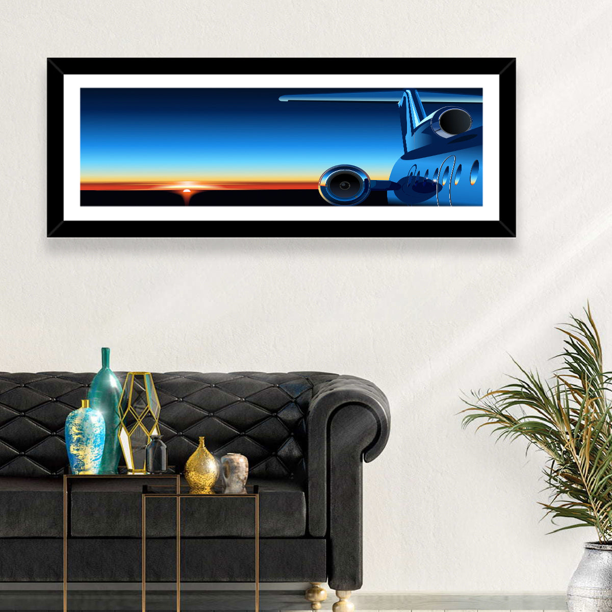 Private Jet Sunrise Wall Art in a room, panoramic