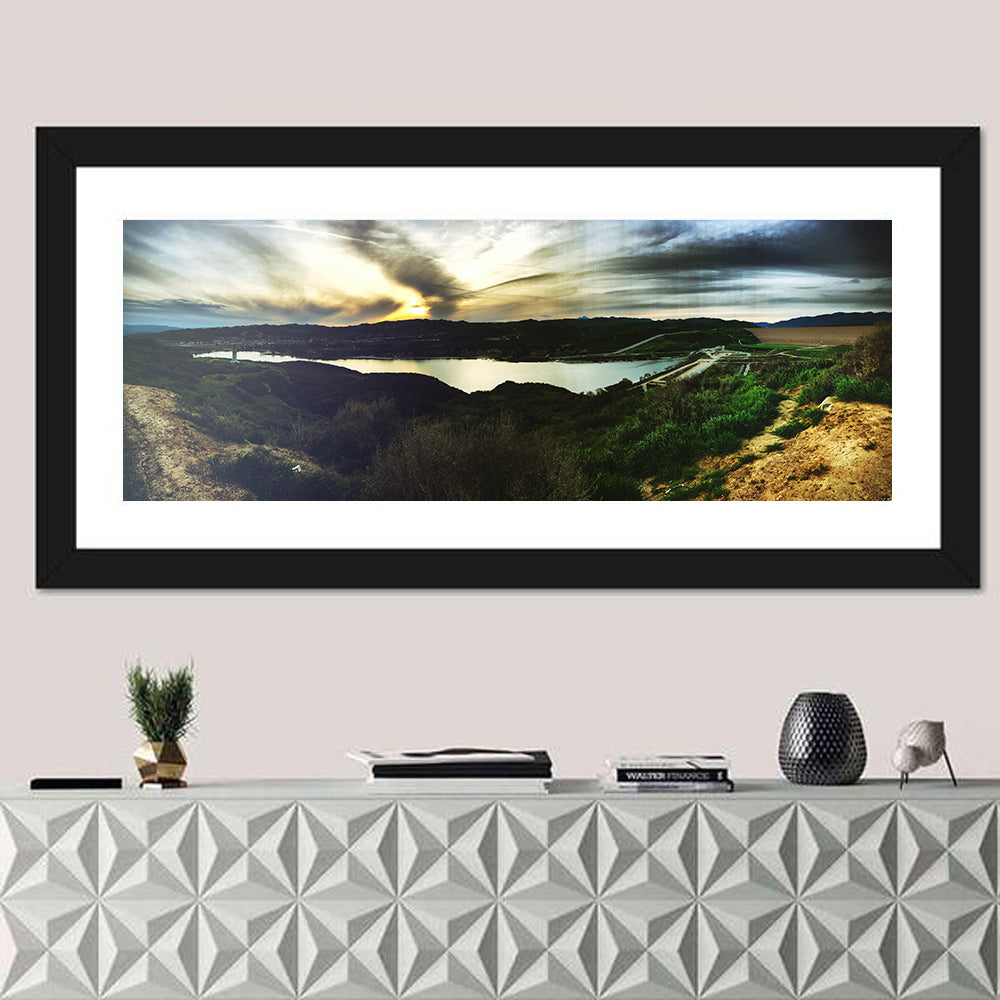 Castaic Lake Sunset Wall Art in a room, panoramic