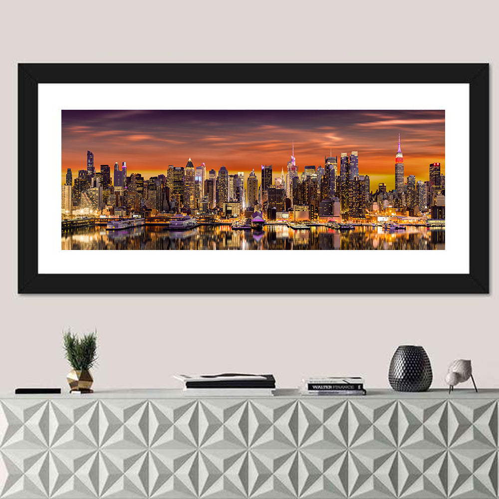 Midtown Manhattan Skyline Wall Art in a room, panoramic
