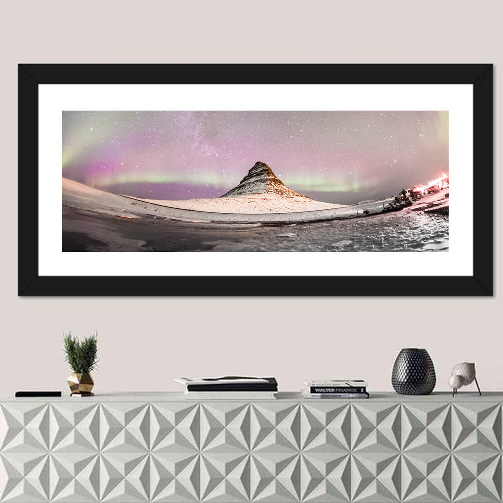 Aurora Over Kirkjufell Wall Art in a room, panoramic
