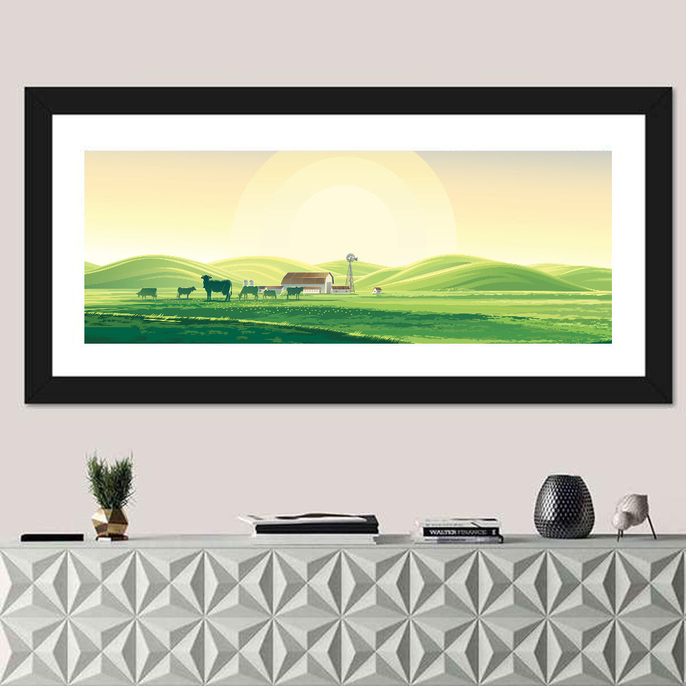 Pastoral Farm Landscape Illustration Wall Art in a room, panoramic