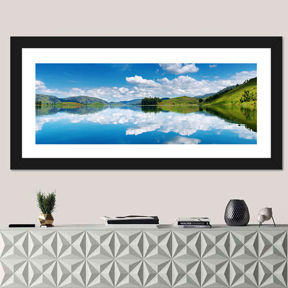 Bunyonyi Lake Reflection Wall Art in a room, panoramic