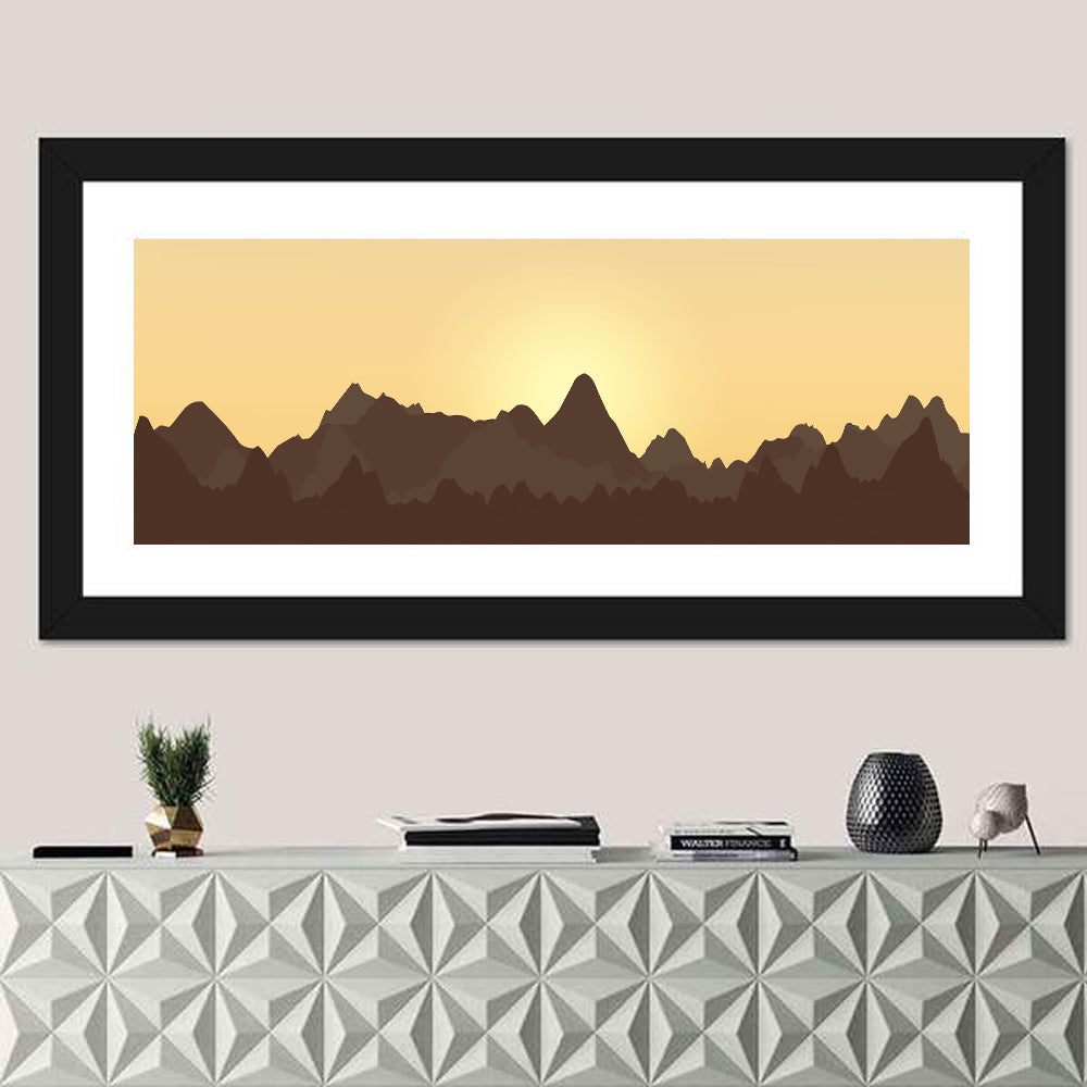 Sunset Mountain Silhouettes Wall Art in a room, panoramic