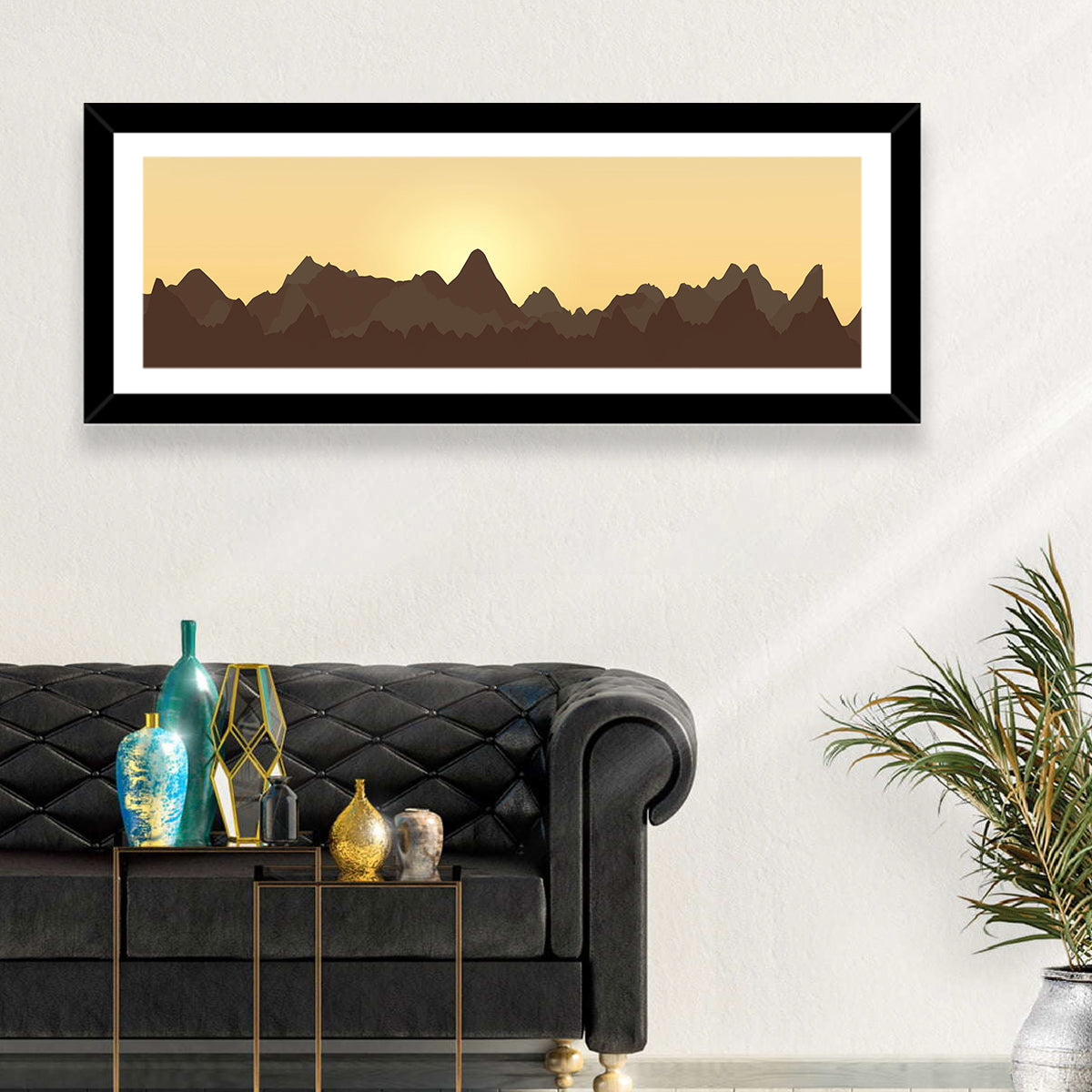 Sunset Mountain Silhouettes Wall Art in a room, panoramic