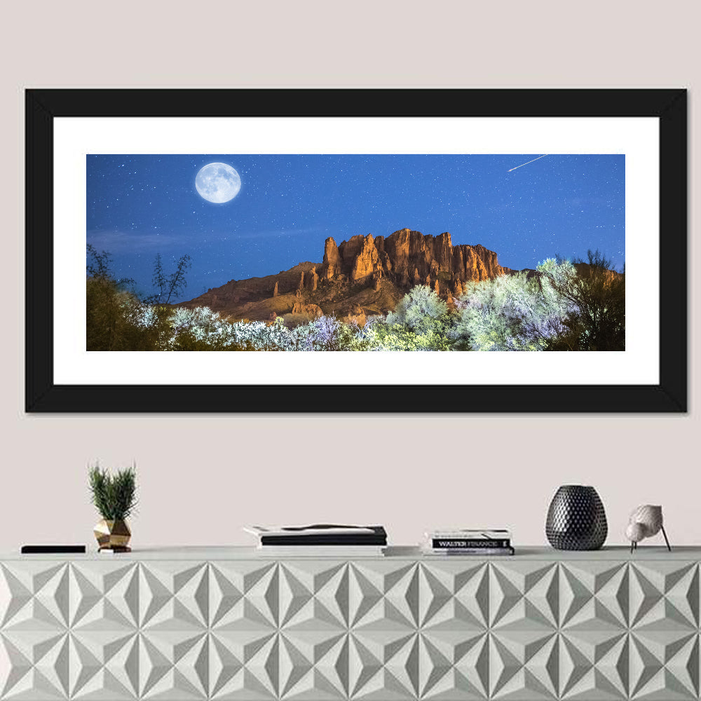 Moonlit Superstition Mountains Arizona Wall Art in a room, panoramic