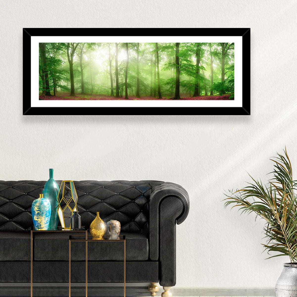 Sunlit Misty Forest Wall Art in a room, panoramic