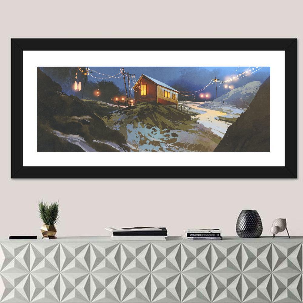 Wooden Cabin in Snowy Mountains Wall Art