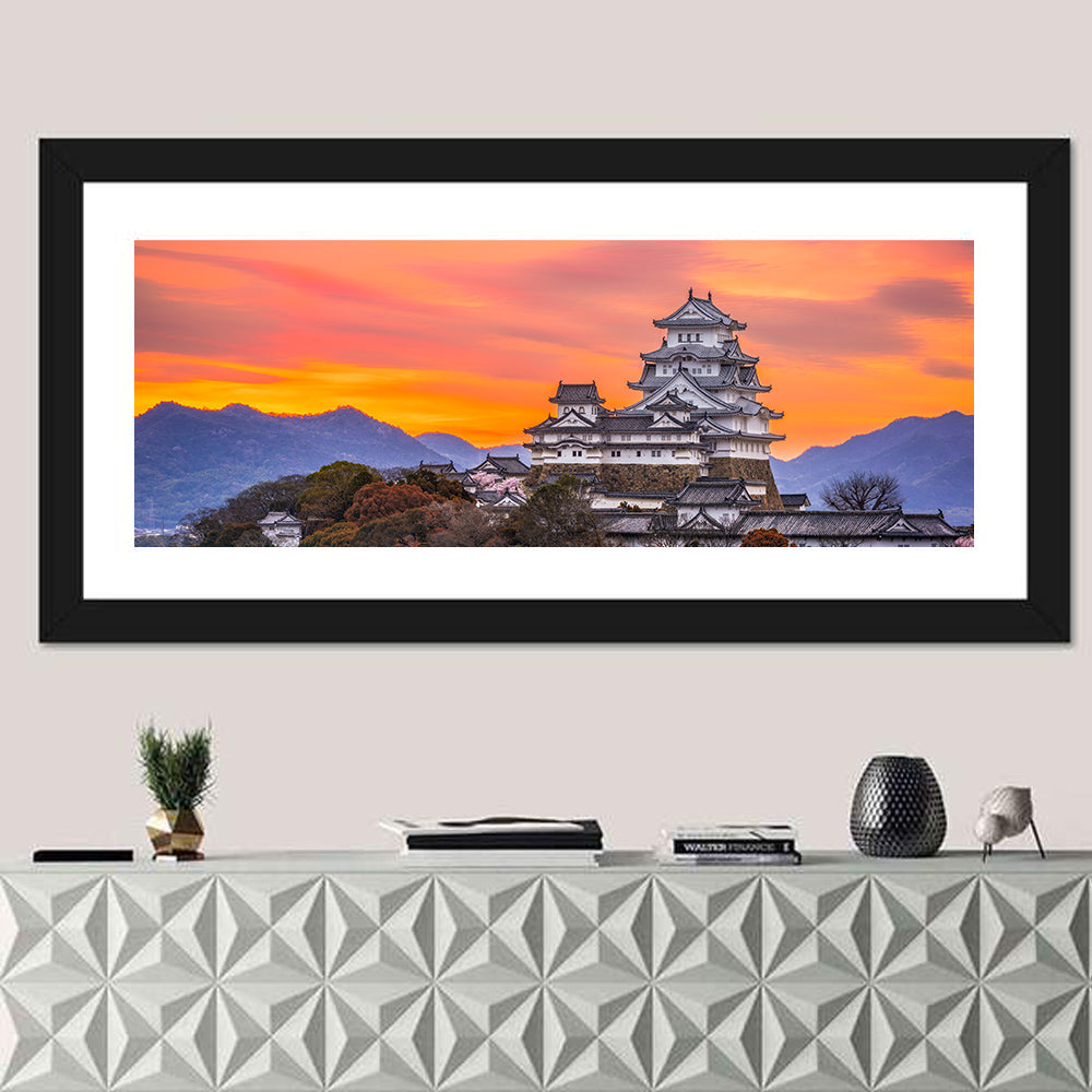 Himeji Castle at Sunrise Wall Art in a room, panoramic