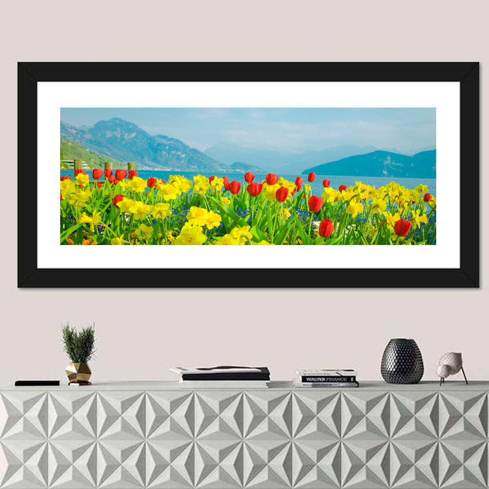 Lake Lucerne Daffodils Wall Art in a room, panoramic