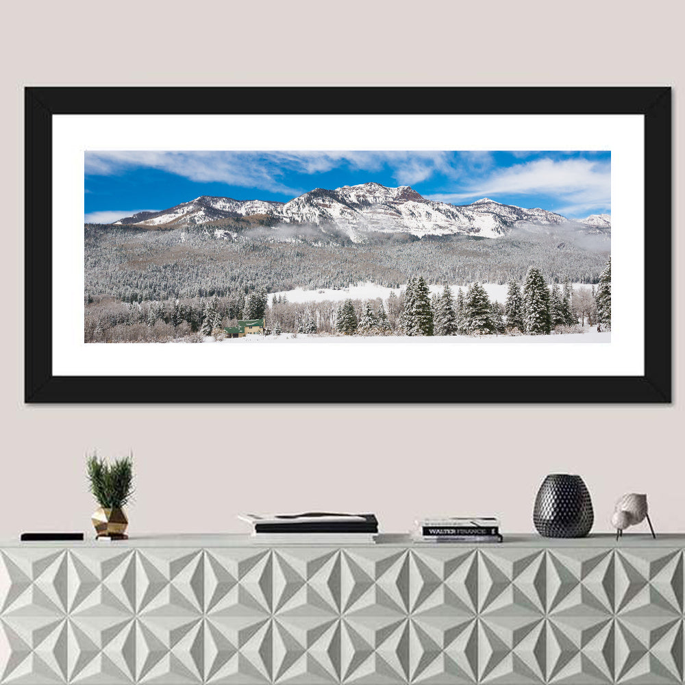 Colorado Snowy Mountain Cabin Wall Art in a room, panoramic