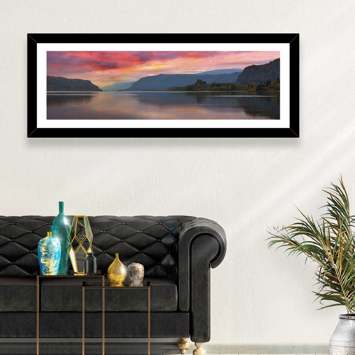 Sunrise Over River Gorge Wall Art in a room, panoramic