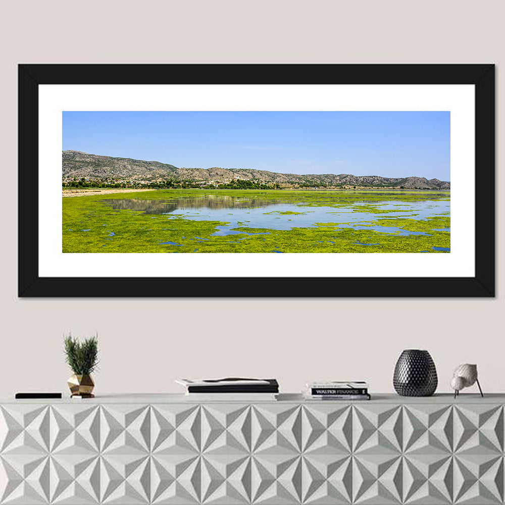Uchali Lake Algae Reflection Wall Art in a room, panoramic