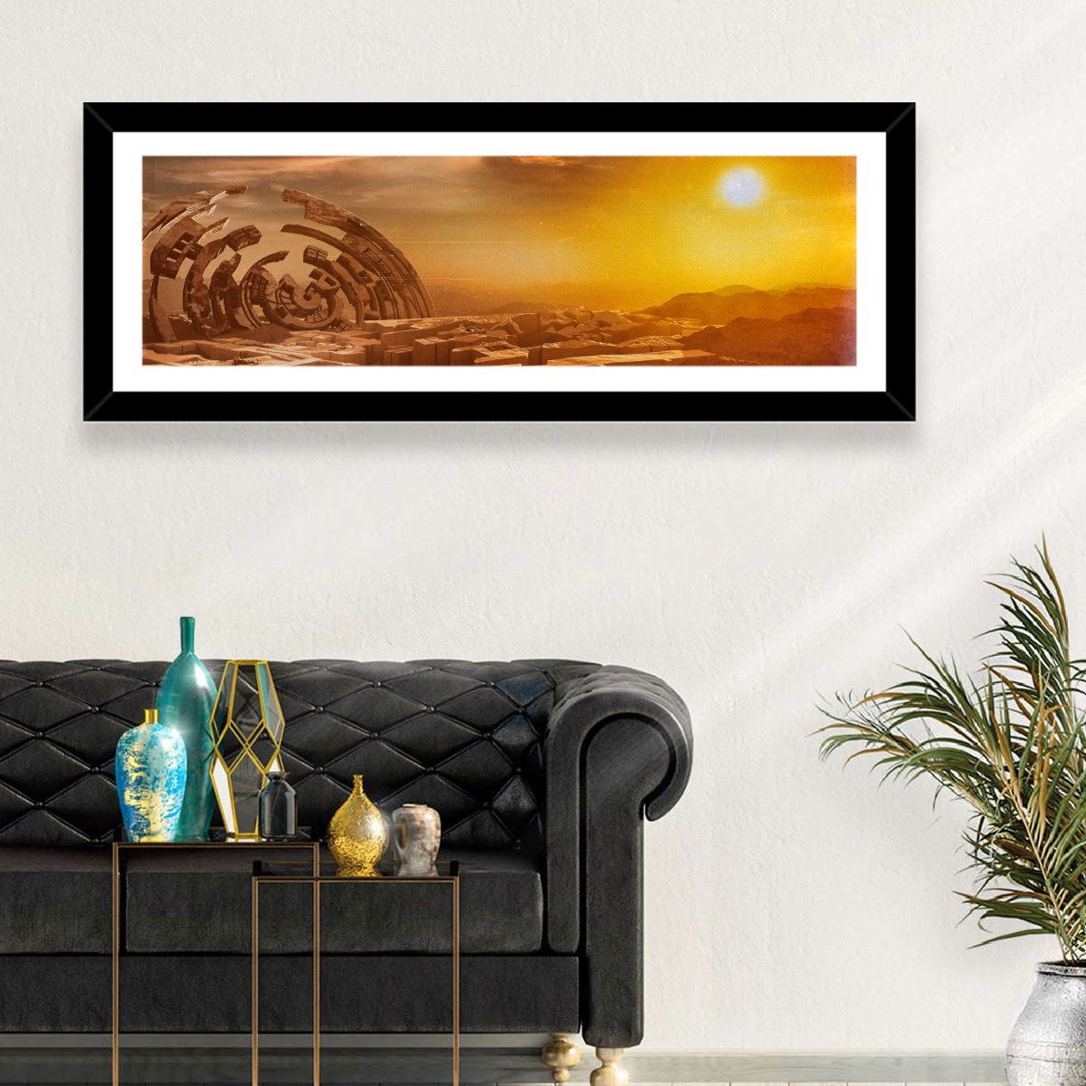 Deserted Alien Planet at Dusk Wall Art in a room, panoramic