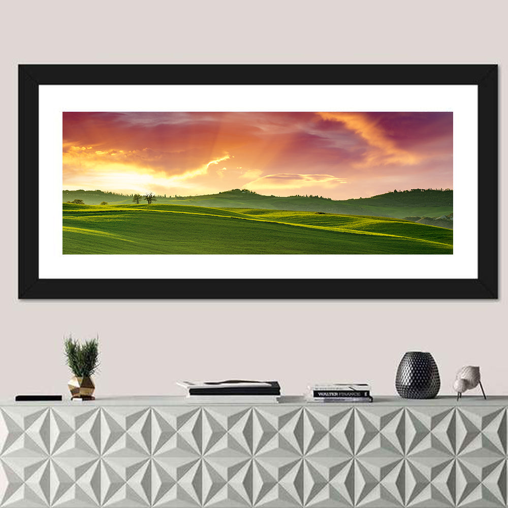 Tuscany Rolling Hills Sunset Wall Art in a room, panoramic