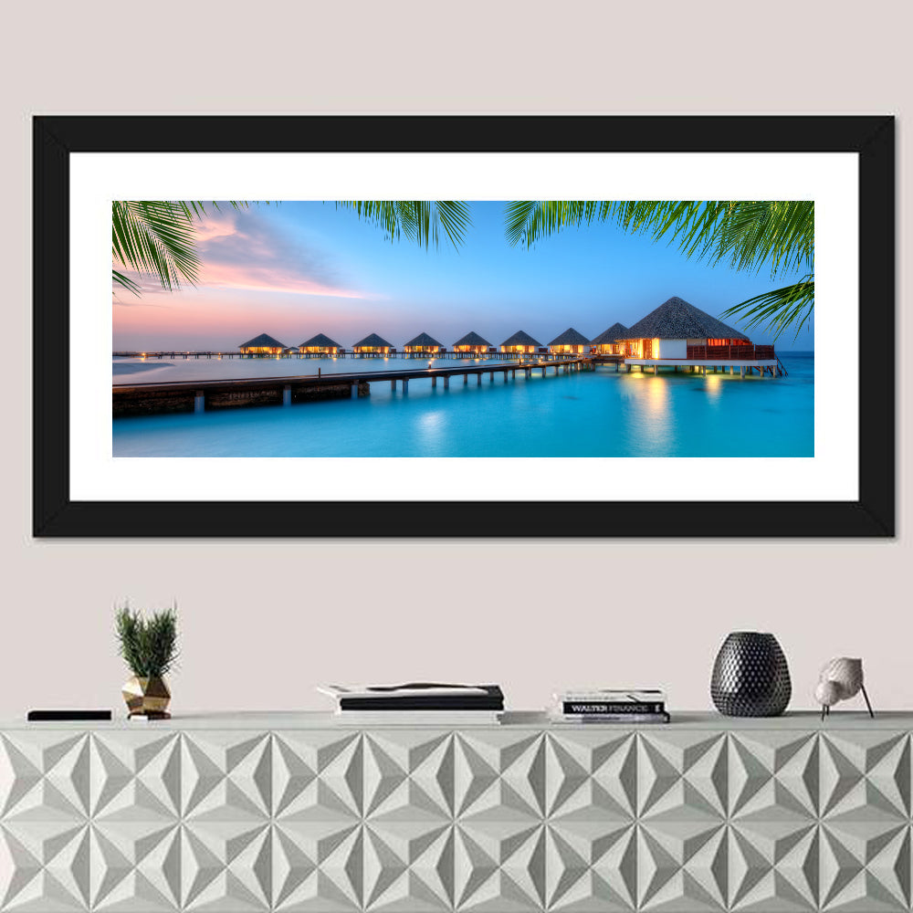 Overwater Bungalows at Twilight Wall Art in a room, panoramic