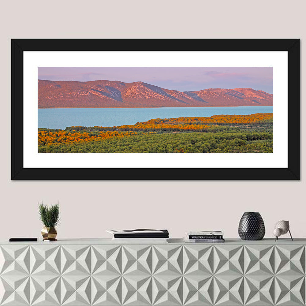 Lake Vrana Golden Hour Wall Art in a room, panoramic
