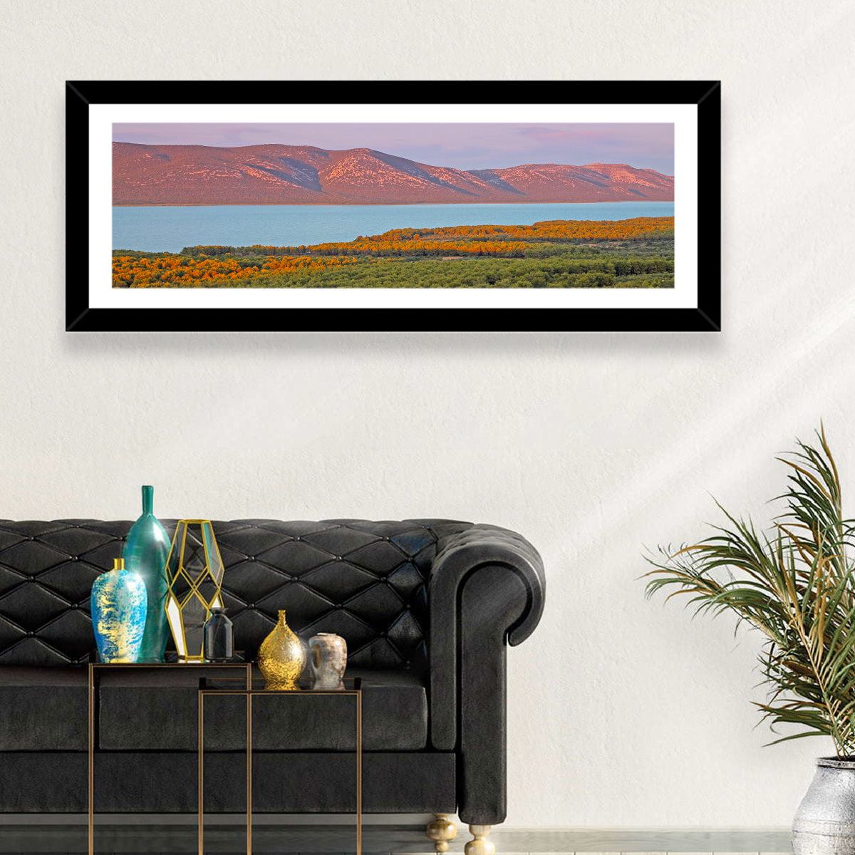 Lake Vrana Golden Hour Wall Art in a room, panoramic