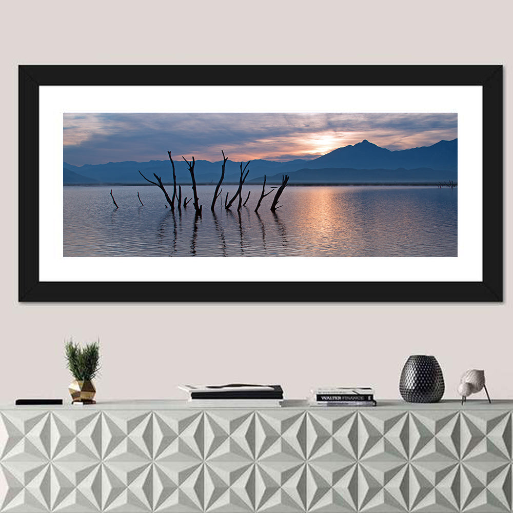 Lake Isabella Sunrise Reflection Wall Art in a room, panoramic