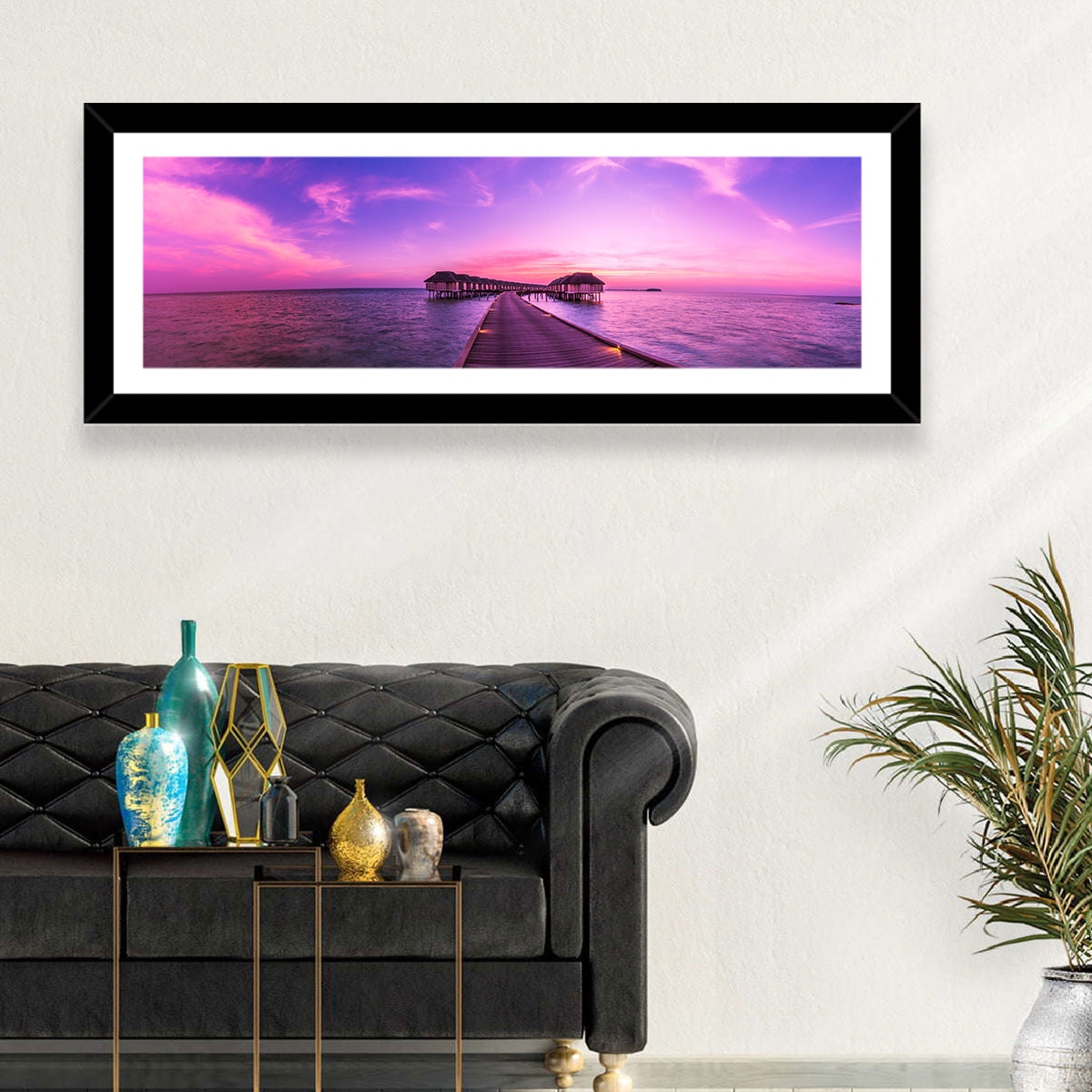 Sunset Pier Overwater Bungalows Wall Art in a room, panoramic