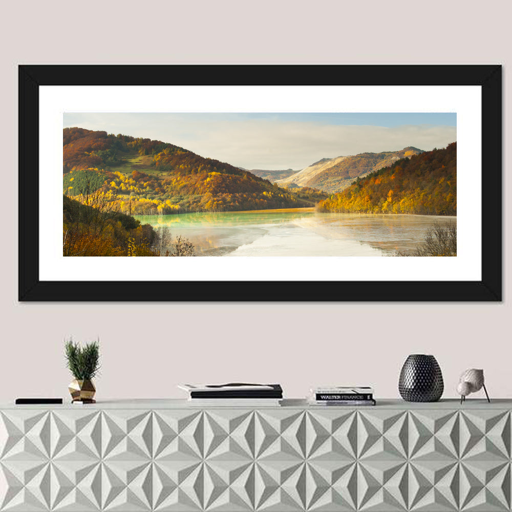 Bright Green Tailings Lake Wall Art in a room, panoramic