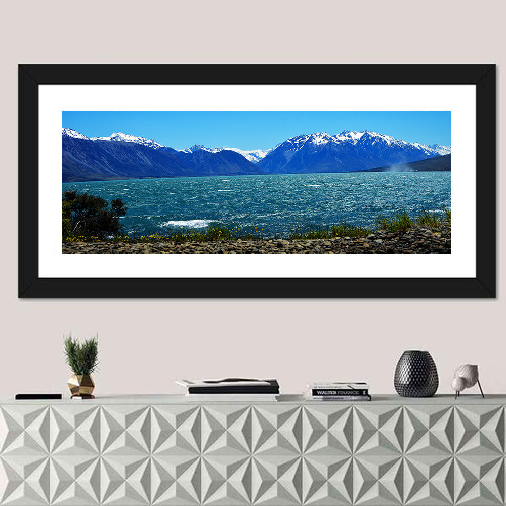 Lake Ohau Snow Peaks Wall Art in a room, panoramic